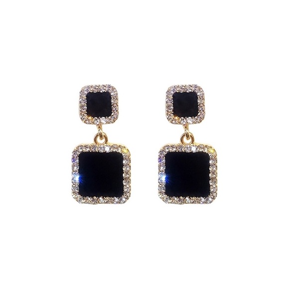 Black Square Geometric Pavé Earrings - Picture 2 of 7